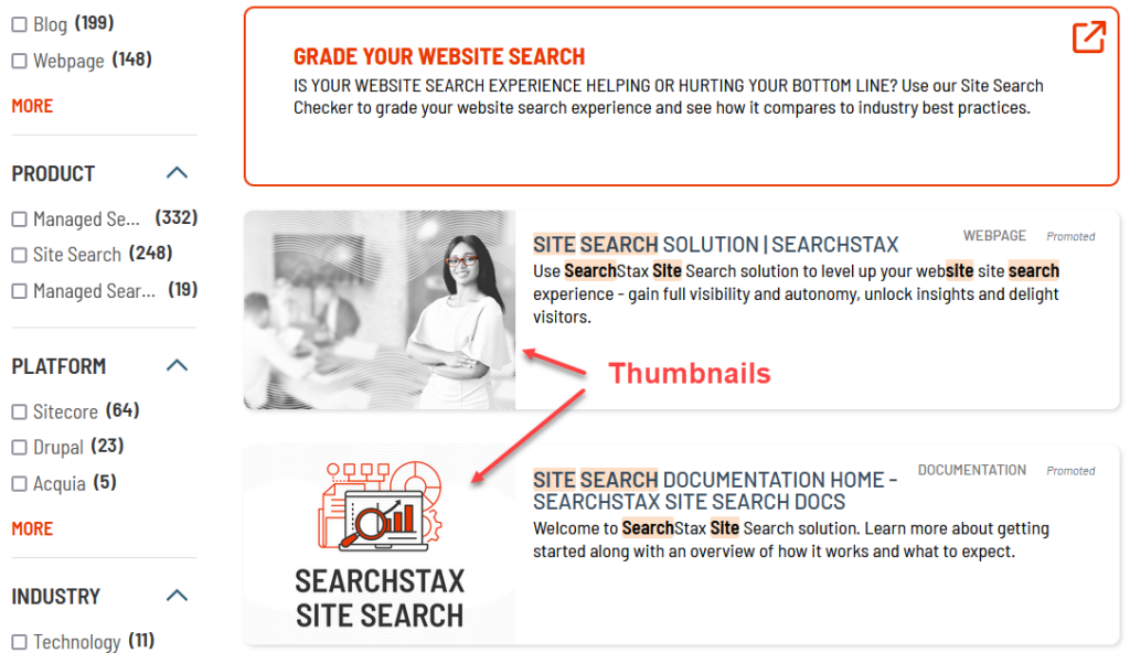 Site Search results screen showing thumbnail images.